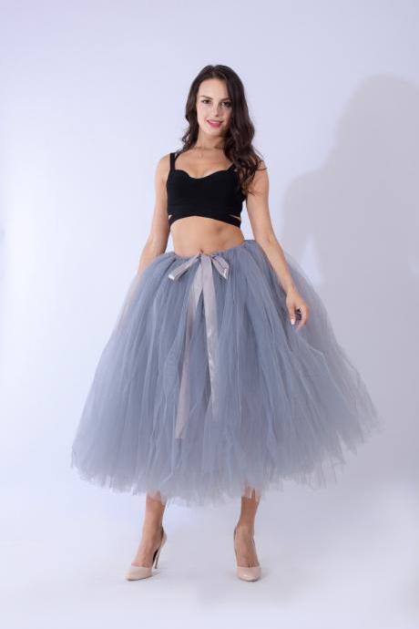 Women Puffy Tutu Skirts Long Tea Length Tulle Skirt Wedding Bridesmaid Lolita Under skirt gray