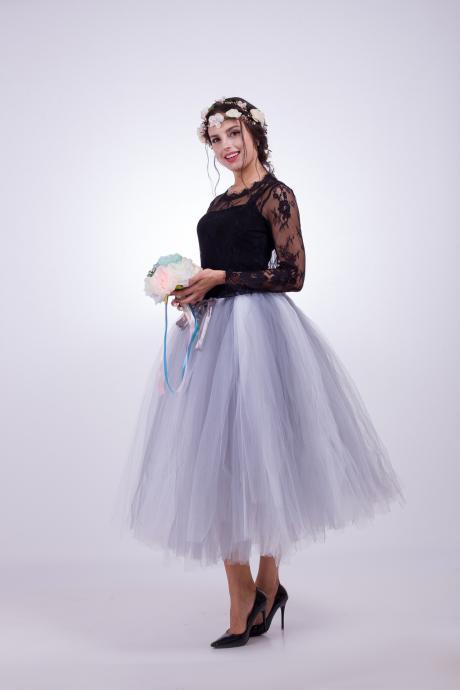 Women Puffy Tutu Skirts Long Tea Length Tulle Skirt Wedding Bridesmaid Lolita Under skirt gray+white
