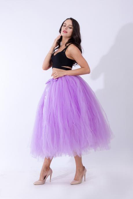 Women Puffy Tutu Skirts Long Tea Length Tulle Skirt Wedding Bridesmaid Lolita Under skirt lilac