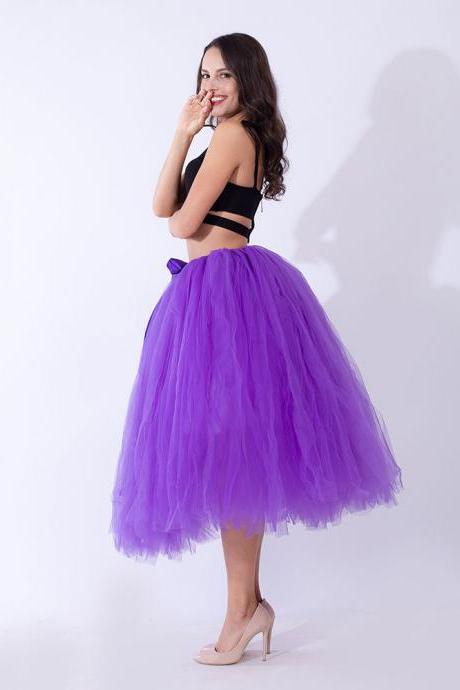 Women Puffy Tutu Skirts Long Tea Length Tulle Skirt Wedding Bridesmaid Lolita Under skirt purple