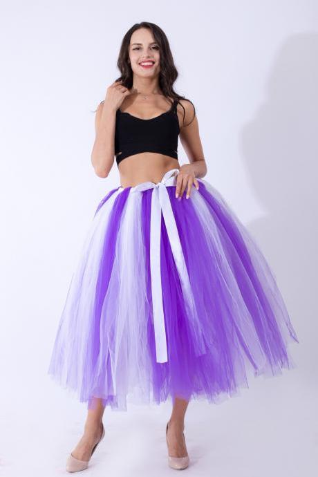 Women Puffy Tutu Skirts Long Tea Length Tulle Skirt Wedding Bridesmaid Lolita Under skirt purple+white