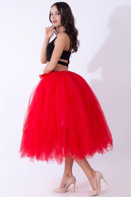 Women Puffy Tutu Skirts Long Tea Length Tulle Skirt Wedding Bridesmaid Lolita Under skirt red