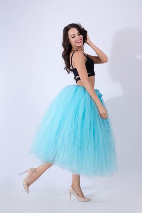 Women Puffy Tutu Skirts Long Tea Length Tulle Skirt Wedding Bridesmaid Lolita Under skirt sky blue