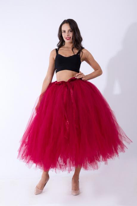 Women Puffy Tutu Skirts Long Tea Length Tulle Skirt Wedding Bridesmaid Lolita Under skirt wine red