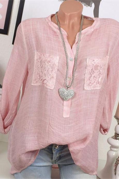 2018 Spring Plus Size Blouse Women Lace Tops Long Sleeve Casual Loose OL Ladies Shirts pink