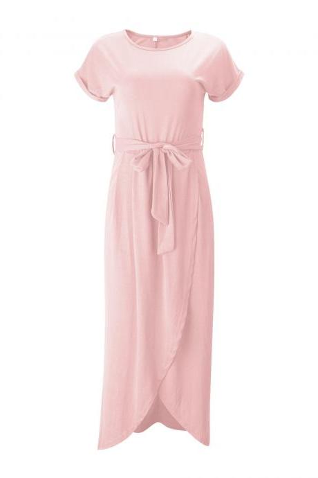 Women Casual Maxi Long Shirt Dress Slim Short Sleeve Bowk Belted Asymmetrical Office Party Sundress Pink