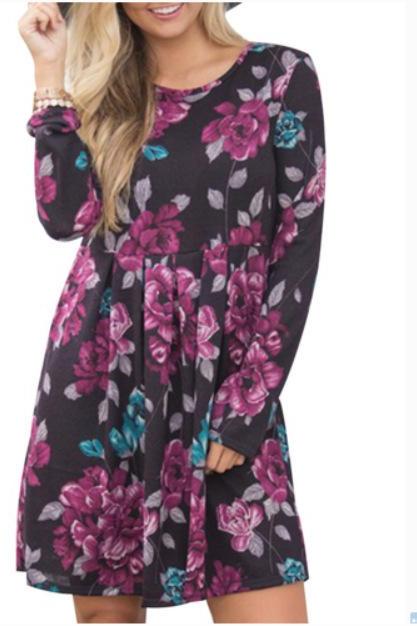 Women Spring Autumn Casual Dress Vintage Long Sleeve Floral Print Mini Beach Dress black
