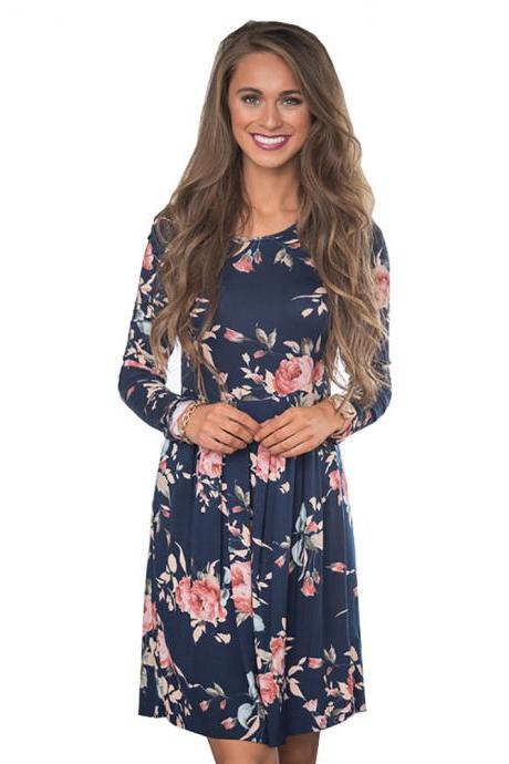 Women Spring Autumn Casual Dress Vintage Long Sleeve Floral Print Mini Beach Dress navy blue