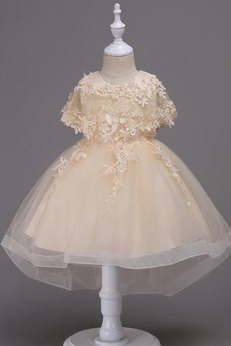 Princess Lace Flower Girl Dress High Low Kids Wedding Bridesmaid Party Children Clothes Champagne