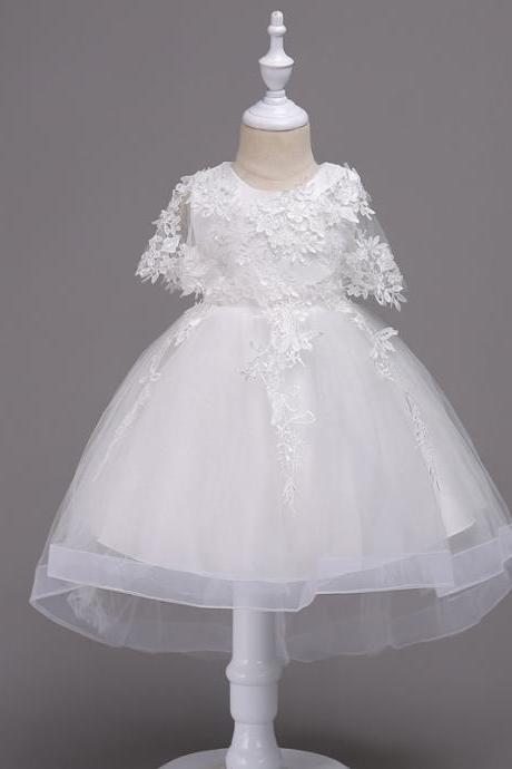 Princess Lace Flower Girl Dress High Low Kids Wedding Bridesmaid Party Children Clothes Off White