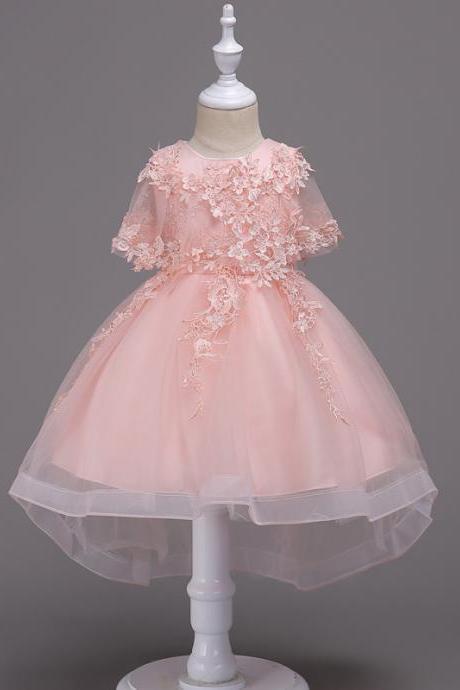 Princess Lace Flower Girl Dress High Low Kids Wedding Bridesmaid Party Children Clothes Pink
