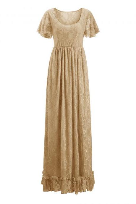 Long Lace Pregnant Dress Women Casual Ruffles Short Sleeve Evening Party Maxi Maternal Pregnancy Dress khaki