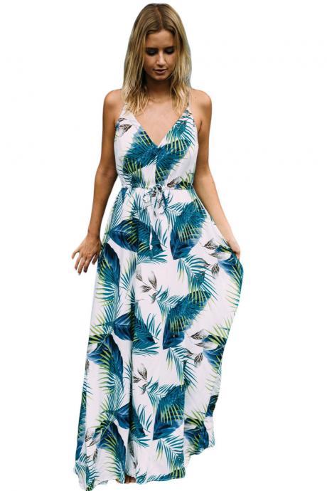 Bohemian Dress V Neck Spaghetti Strap Leaves Printed Women Summer Beach Maxi Dress2#