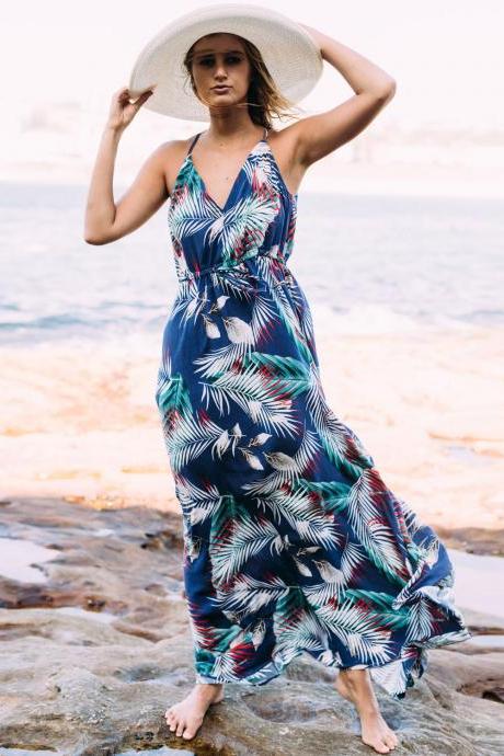 Bohemian Dress V Neck Spaghetti Strap Leaves Printed Women Summer Beach Maxi Dress3#
