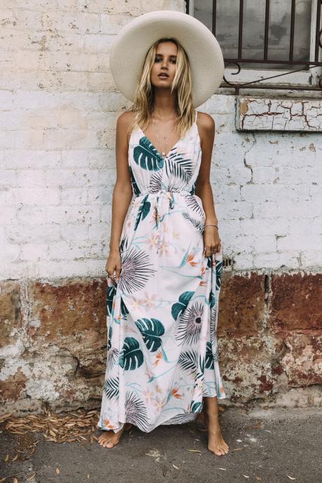 Bohemian Dress V Neck Spaghetti Strap Leaves Printed Women Summer Beach Maxi Dress4#