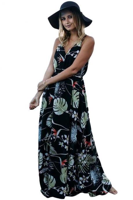 Bohemian Dress V Neck Spaghetti Strap Leaves Printed Women Summer Beach Maxi Dress5#