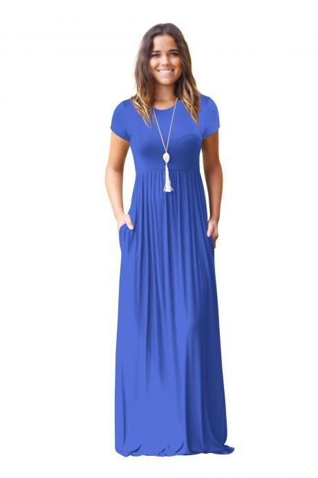 Women Maxi Long Dress Short Sleeve O Neck Solid Slim Pockets Spring Casual Party Dress Blue