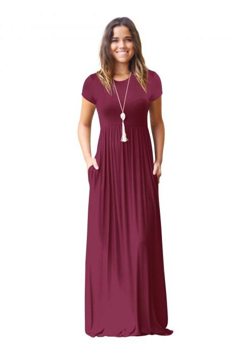 Women Maxi Long Dress Short Sleeve O Neck Solid Slim Pockets Spring Casual Party Dress Burgundy