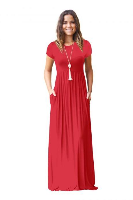 Red O-neck Casual Maxi Dress With Short Sleeves And Side Pockets