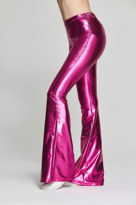 Fashion Women Sequined Flare Pants High Waist Glitter Color Sexy Slim Streetwear Long Trousers hot pink