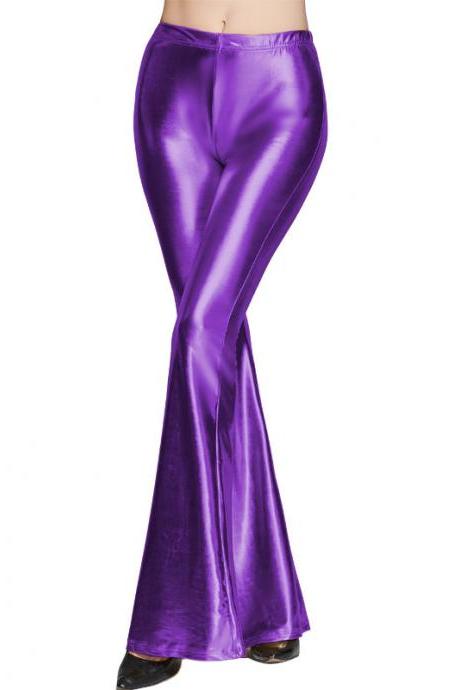 Fashion Women Sequined Flare Pants High Waist Glitter Color Sexy Slim Streetwear Long Trousers purple