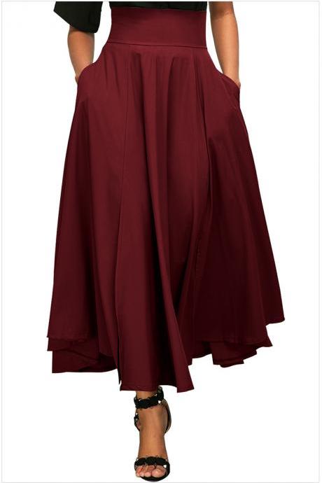 Womens Solid Long Maxi Skirt High Waist Pockets Pleated Swing Asymmetrical A Line Skirt dark red
