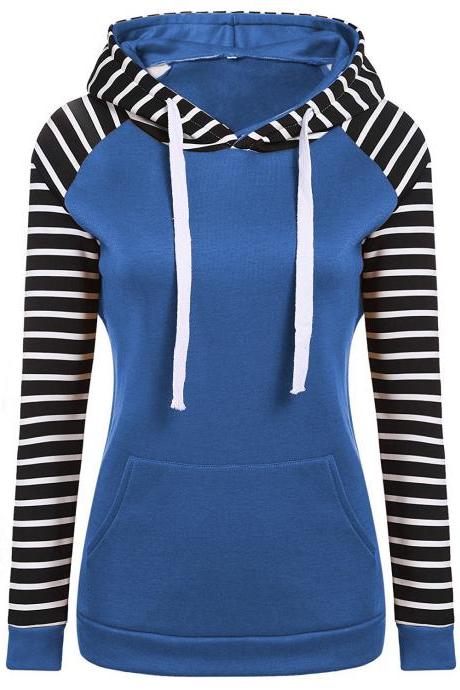 Spring Autumn Striped Fleece Hoodies Women Long Sleeve Pullover Streetwear Hooded Sweatshirt blue