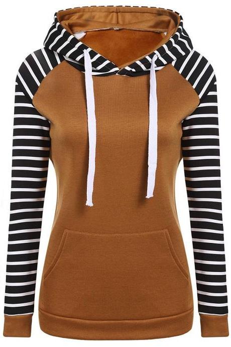 Spring Autumn Striped Fleece Hoodies Women Long Sleeve Pullover Streetwear Hooded Sweatshirt brown