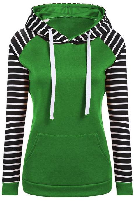 Spring Autumn Striped Fleece Hoodies Women Long Sleeve Pullover Streetwear Hooded Sweatshirt green