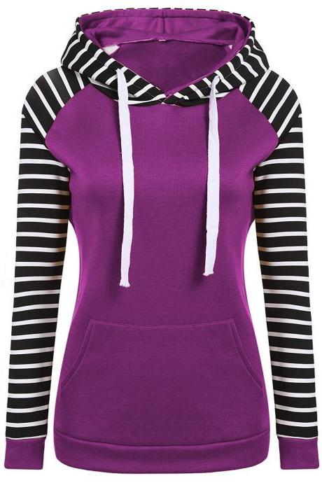 Spring Autumn Striped Fleece Hoodies Women Long Sleeve Pullover Streetwear Hooded Sweatshirt purple