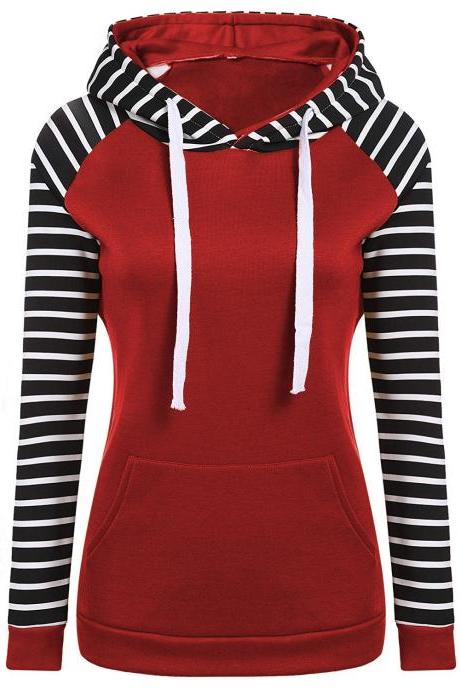 Spring Autumn Striped Fleece Hoodies Women Long Sleeve Pullover Streetwear Hooded Sweatshirt red