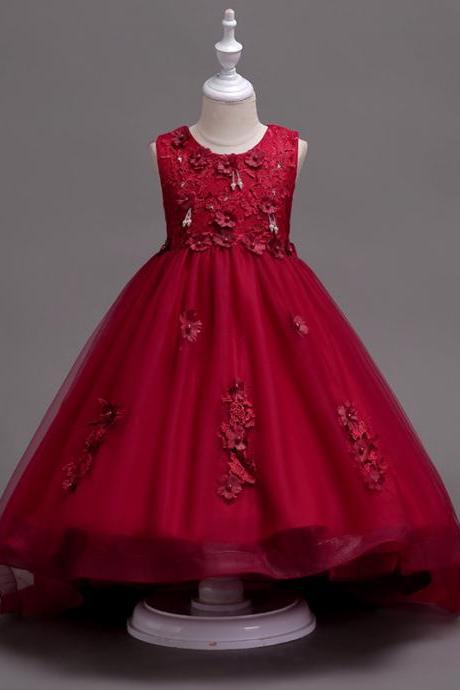 Pretty Lace High Low Flower Girl Dress Applique Wedding Holy Communion Party Gown Children Clothes Burgundy