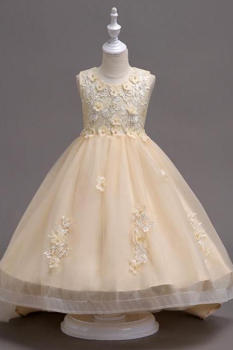 Pretty Lace High Low Flower Girl Dress Applique Wedding Holy Communion Party Gown Children Clothes Champagne