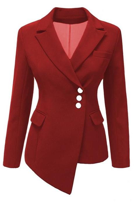 Fashion Slim Asymmetrical Women Suit Coat Buttons Long Sleeve Solid Lady Short Casual Jacket red