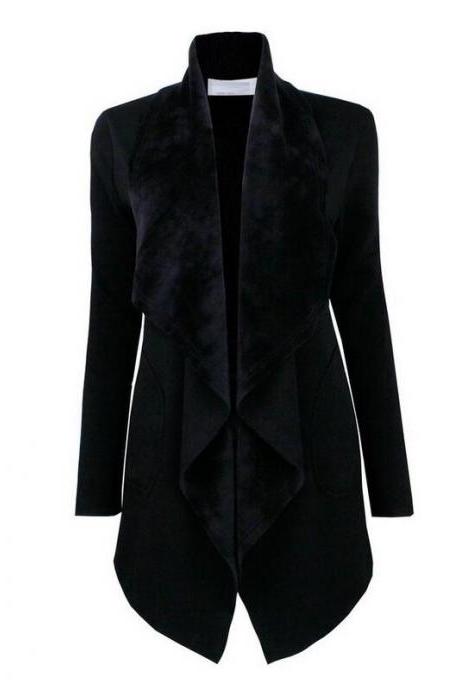 Spring Autumn Turn-down Collar Coat Women Long Sleeve Cardigan Solid Asymmetrical Jacket Outwear Black