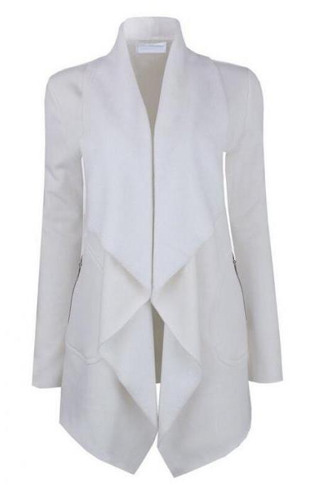 Spring Autumn Turn-down Collar Coat Women Long Sleeve Cardigan Solid Asymmetrical Jacket Outwear Off White