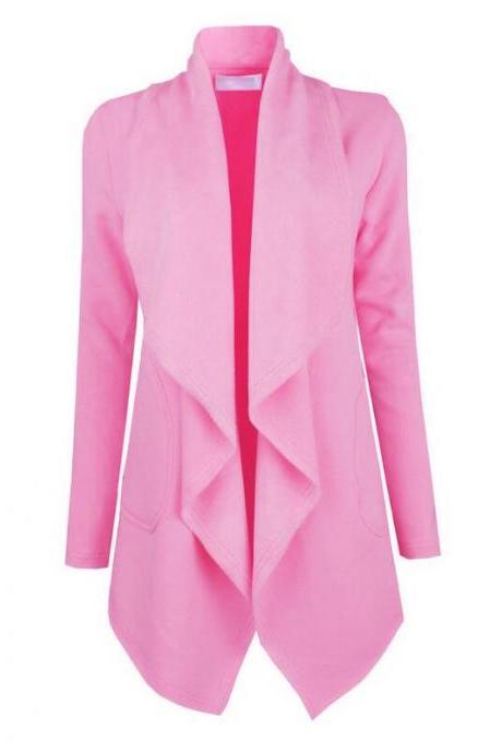 Spring Autumn Turn-down Collar Coat Women Long Sleeve Cardigan Solid Asymmetrical Jacket Outwear pink