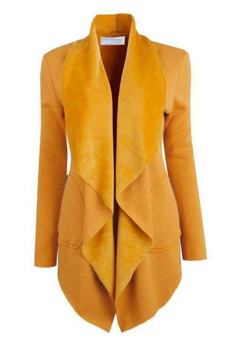 Spring Autumn Turn-down Collar Coat Women Long Sleeve Cardigan Solid Asymmetrical Jacket Outwear yellow