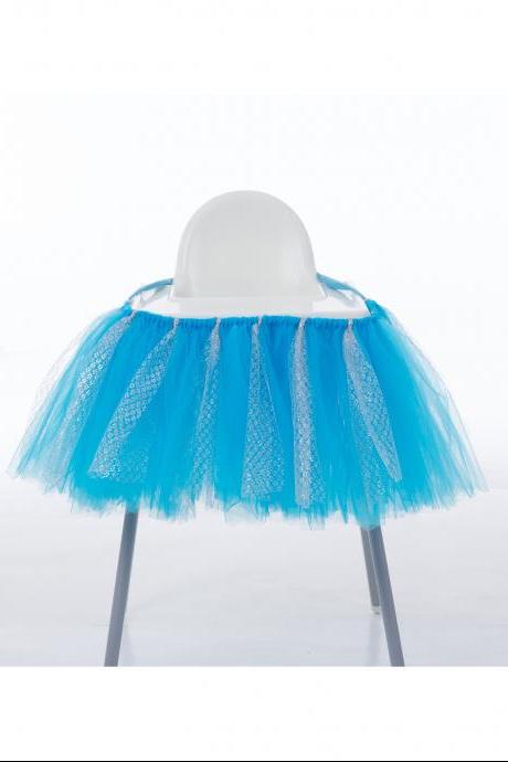 Tutu Tulle Table Skirts High Chair Decor Baby Shower Decorations for Boys Girls Party Set Birthday Party Supplies blue+silver