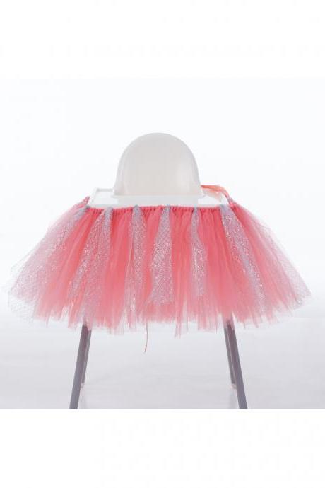 Tutu Tulle Table Skirts High Chair Decor Baby Shower Decorations For Boys Girls Party Set Birthday Party Supplies Coral+silver