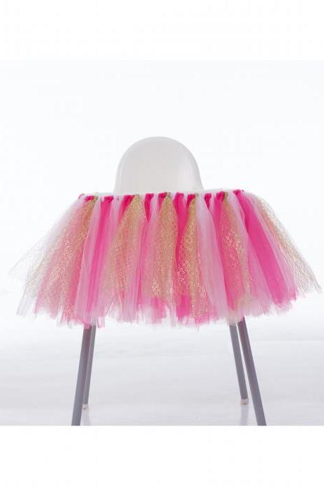 Tutu Tulle Table Skirts High Chair Decor Baby Shower Decorations for Boys Girls Party Set Birthday Party Supplies hot pink+pink+gold