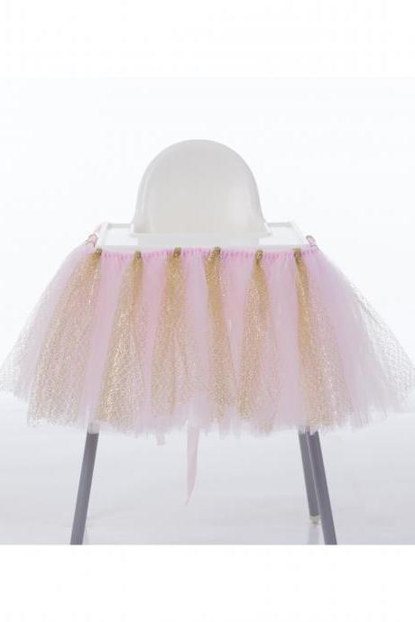 Tutu Tulle Table Skirts High Chair Decor Baby Shower Decorations For Boys Girls Party Set Birthday Party Supplies Pink+gold
