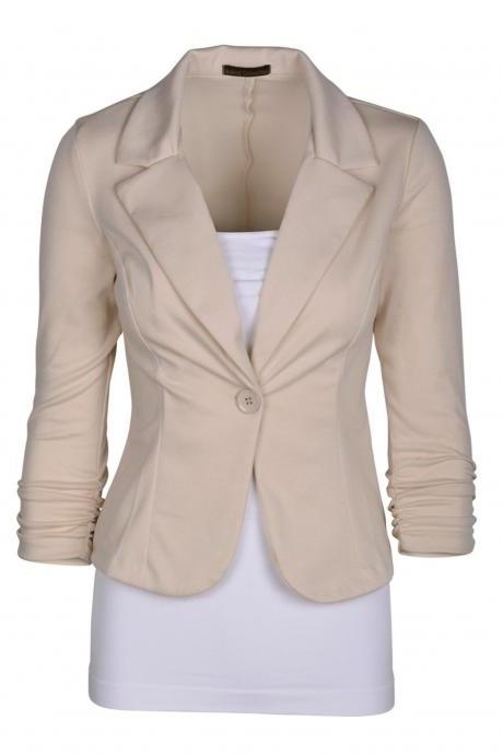 Fashion Spring Women Slim Blazer Coat Long Sleeve One Button Casual Suit Jacket Ladies Work Wear Apricot