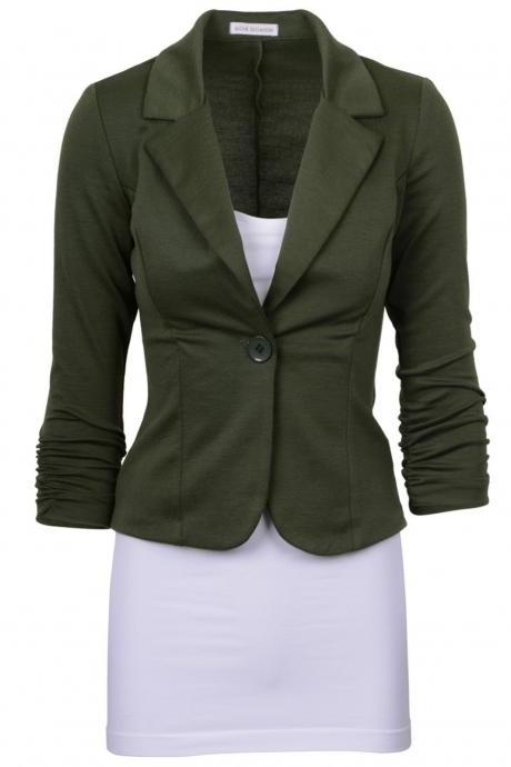 Fashion Spring Women Slim Blazer Coat Long Sleeve One Button Casual Suit Jacket Ladies Work Wear Army Green