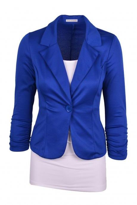 Fashion Spring Women Slim Blazer Coat Long Sleeve One Button Casual Suit Jacket Ladies Work Wear blue