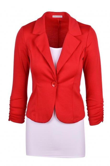 Fashion Spring Women Slim Blazer Coat Long Sleeve One Button Casual Suit Jacket Ladies Work Wear Red