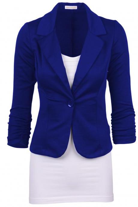Fashion Spring Women Slim Blazer Coat Long Sleeve One Button Casual Suit Jacket Ladies Work Wear royal blue