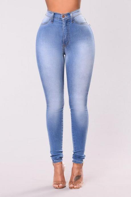 Women High Waist Denim Jeans Vintage Slim High Quality Casual Skinny Pencil Pants sky blue