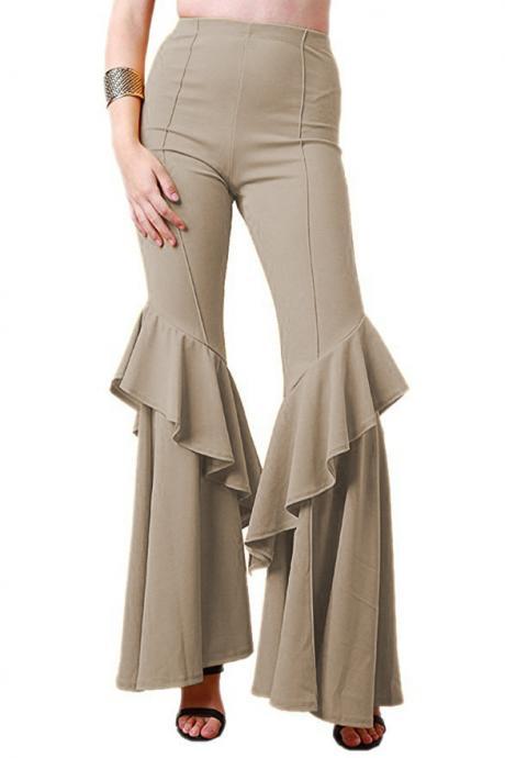 Fashion Women Flare Pants Stretch High Waist Solid Ruffles Wide Leg Long Trousers khaki