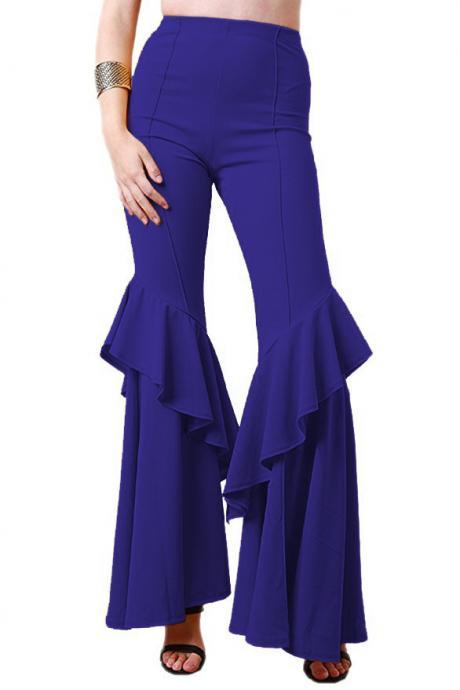 Fashion Women Flare Pants Stretch High Waist Solid Ruffles Wide Leg Long Trousers Royal Blue